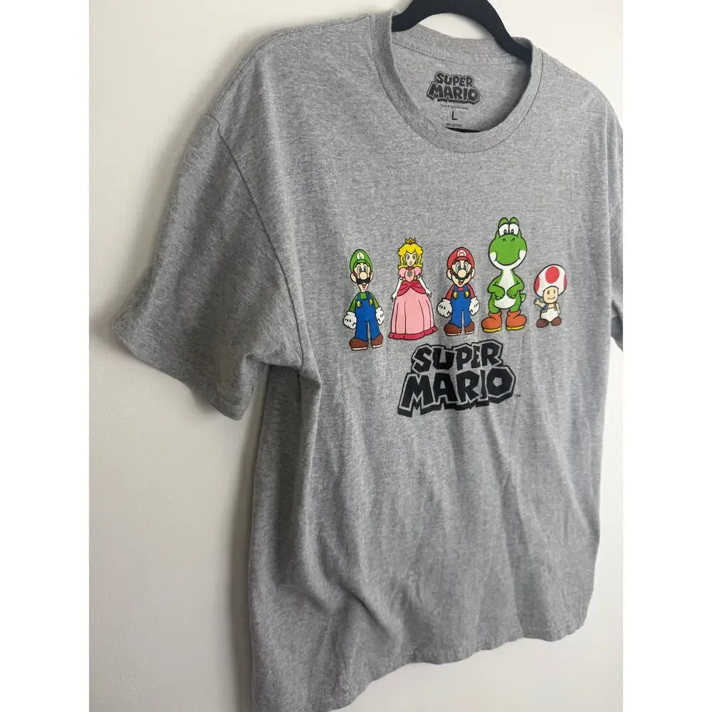 Super Mario Nintendo Graphic Luigi Mario Yoshi Peach Toad Gray T-Shirt Large